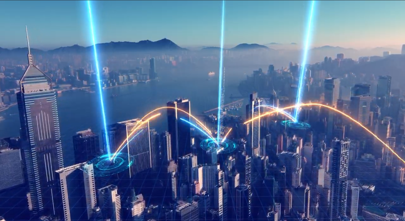 City skyline with lines representing geo-targeting zones